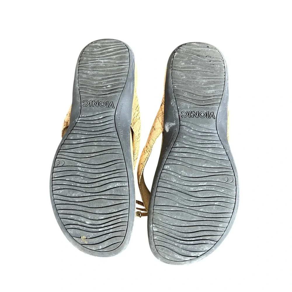 Vionic Bella II Cork Bow Sandals Tan Orthotic Flip Flops Womens 8 Orthaheel